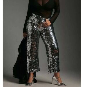 Anthropologie Maeve The Colette Cropped Wide Leg Sequin Pants Size 26W Silver